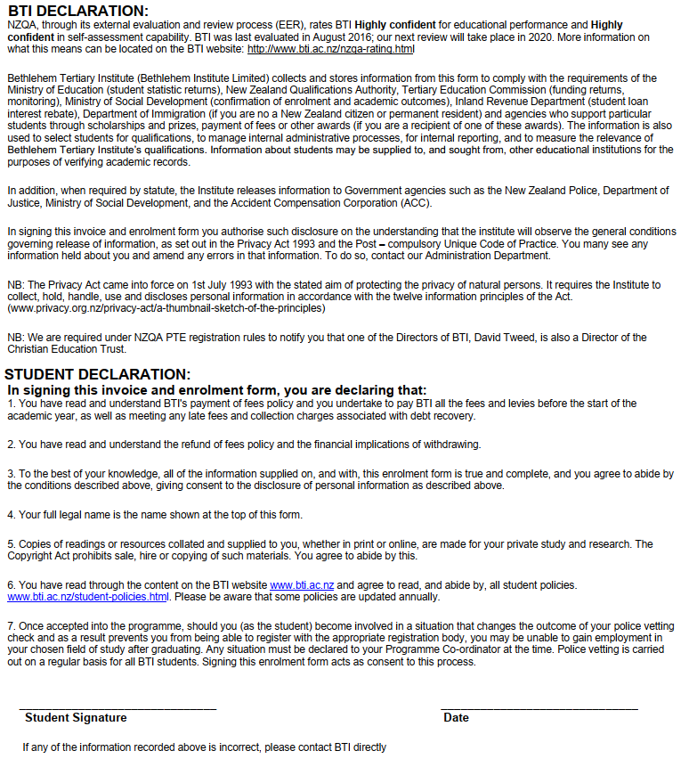 Enrolment Guide | Bethlehem Tertiary Institute | BTI | Tauranga, NZ