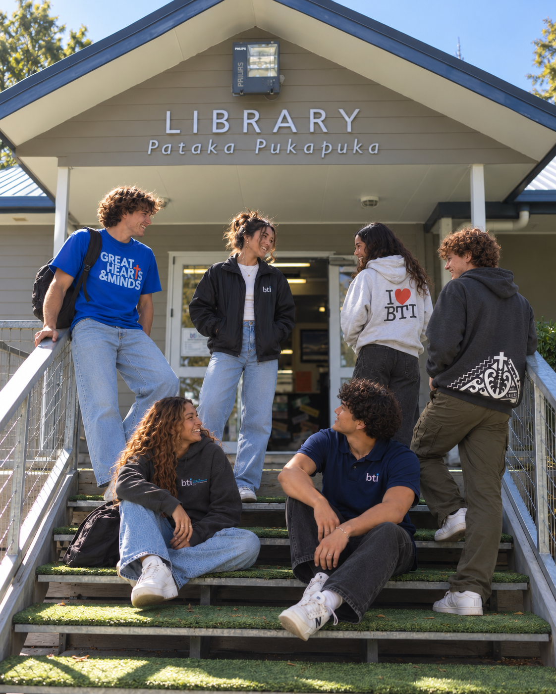BTI students together on the library steps