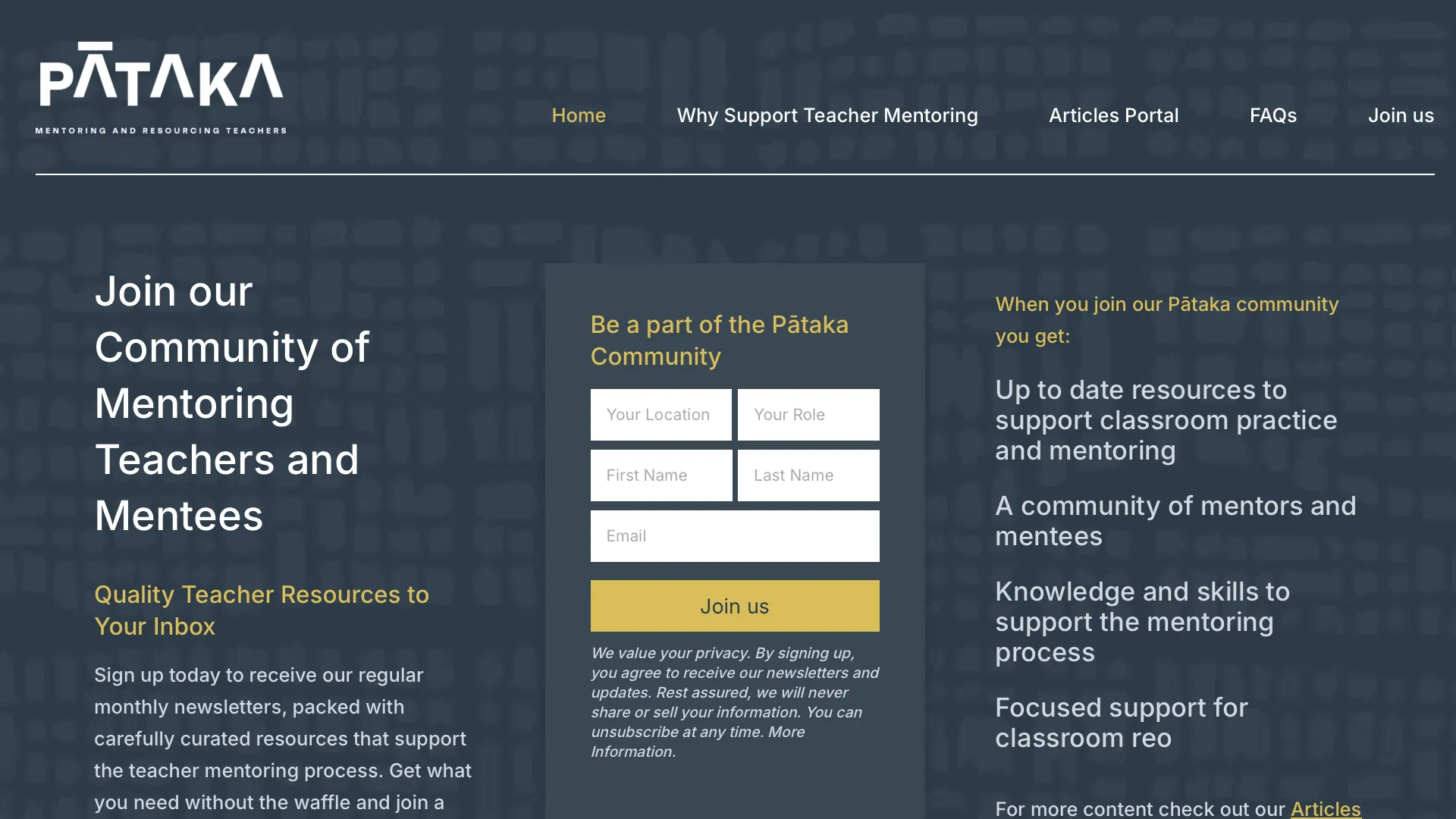 Screenshot of the Pātaka mentoring and resourcing website sign-up page for teachers.