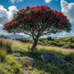 A vibrant pōhutukawa tree with red blossoms standing in a grassy field surrounded by native New Zealand bush under a bright blue sky with scattered clouds.