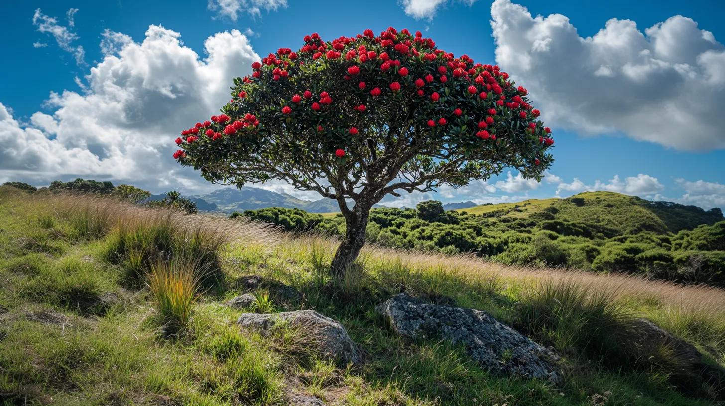 A vibrant pōhutukawa tree with red blossoms standing in a grassy field surrounded by native New Zealand bush under a bright blue sky with scattered clouds.