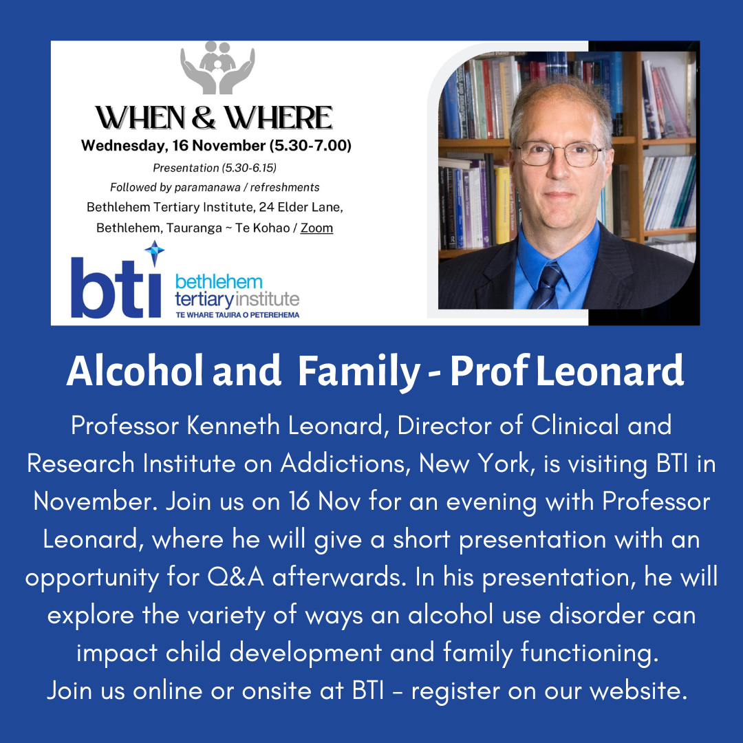 Upcoming talk from Prof Leonard at BTI on Alcohol and Family