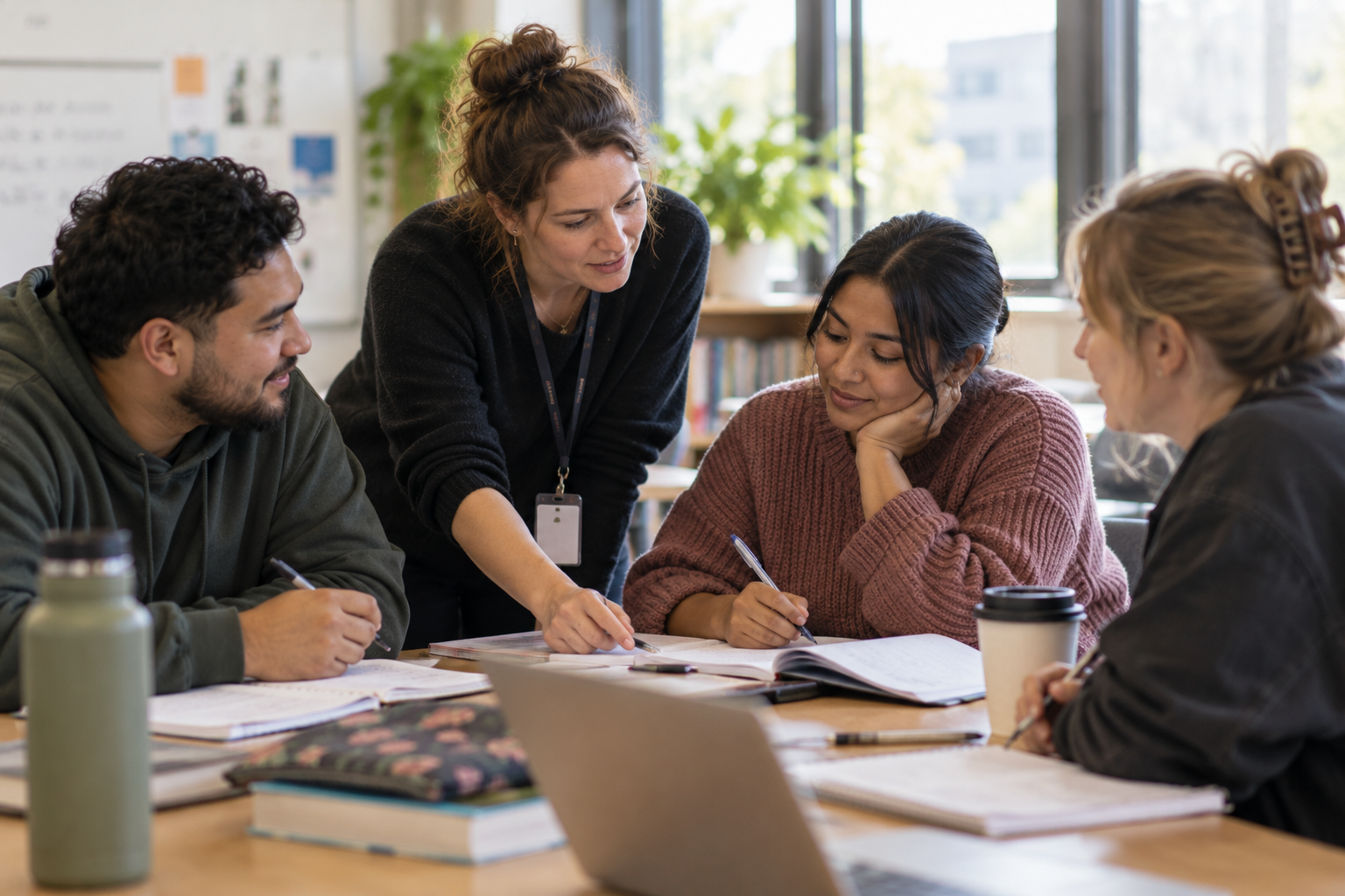 Adult learners studying together with a tutor