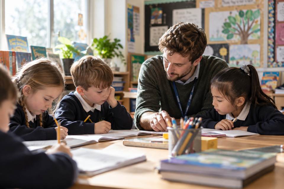 Teacher supporting primary-aged learners