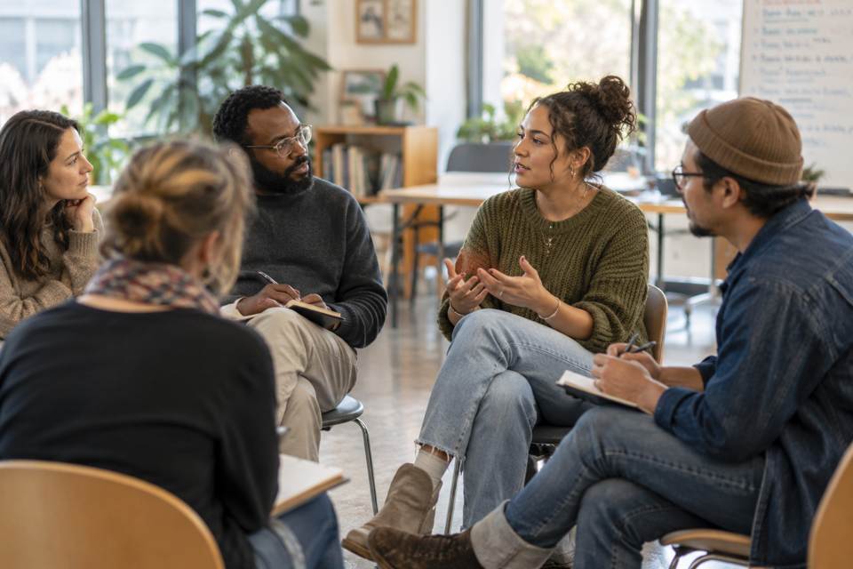 Adults taking part in a group discussion