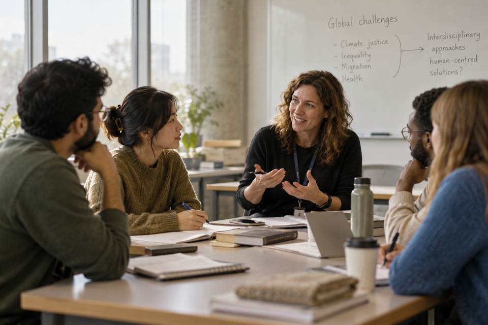 Adults learning together in a group discussion