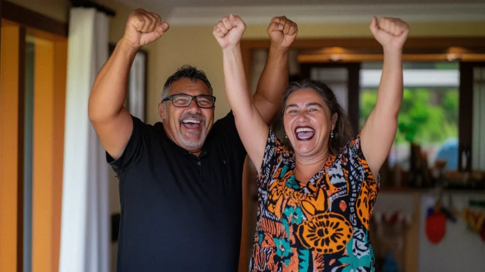 Two people, a man and a woman, smiling and raising their arms in celebration, symbolizing achievement and positivity.