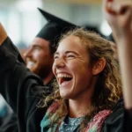 A joyful graduate in academic regalia raises her fist in celebration during a graduation ceremony, surrounded by fellow graduates and an enthusiastic audience.