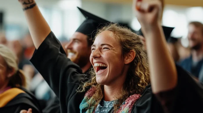 A joyful graduate in academic regalia raises her fist in celebration during a graduation ceremony, surrounded by fellow graduates and an enthusiastic audience.